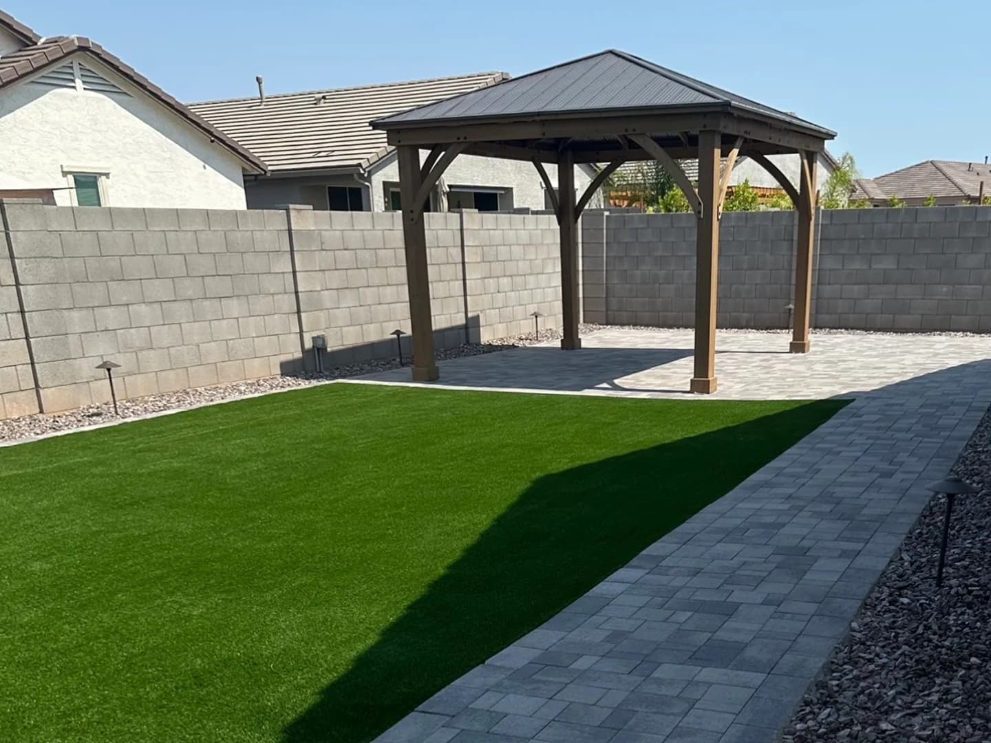 Turf lawn, paver path & gazebo